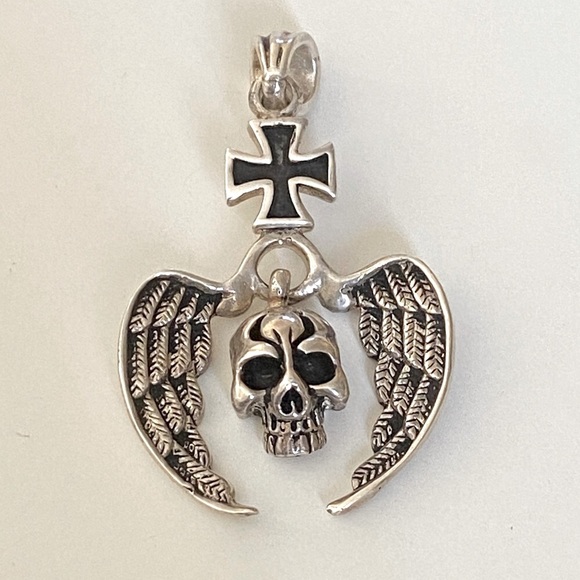 925 Silver skull angel wings pendant iron cross unisex - Picture 2 of 6